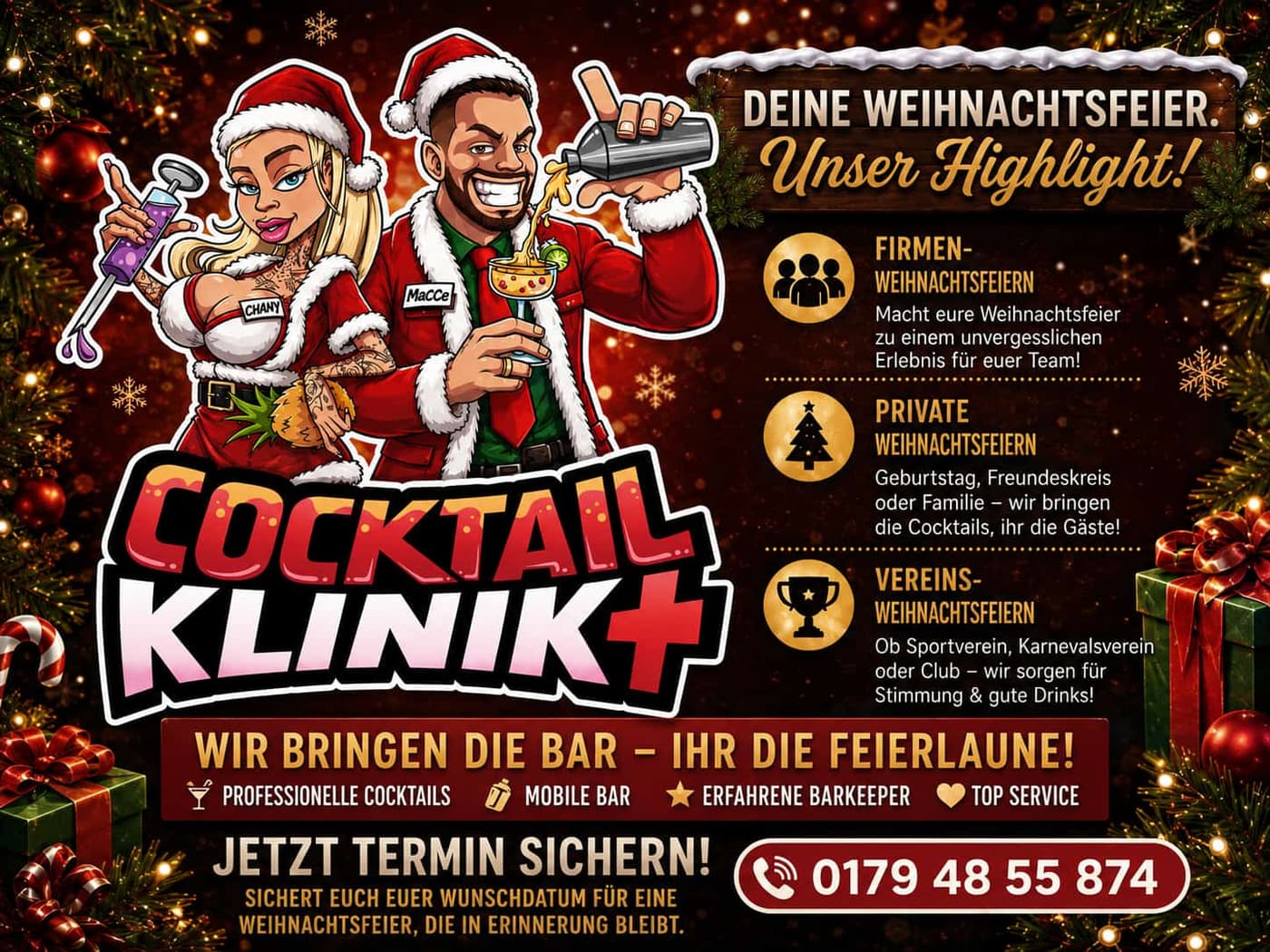 Weihnachts-Flyer der Cocktail Klinik: Firmen-, private und Vereins-Weihnachtsfeiern, wir bringen die Bar – ihr die Feierlaune