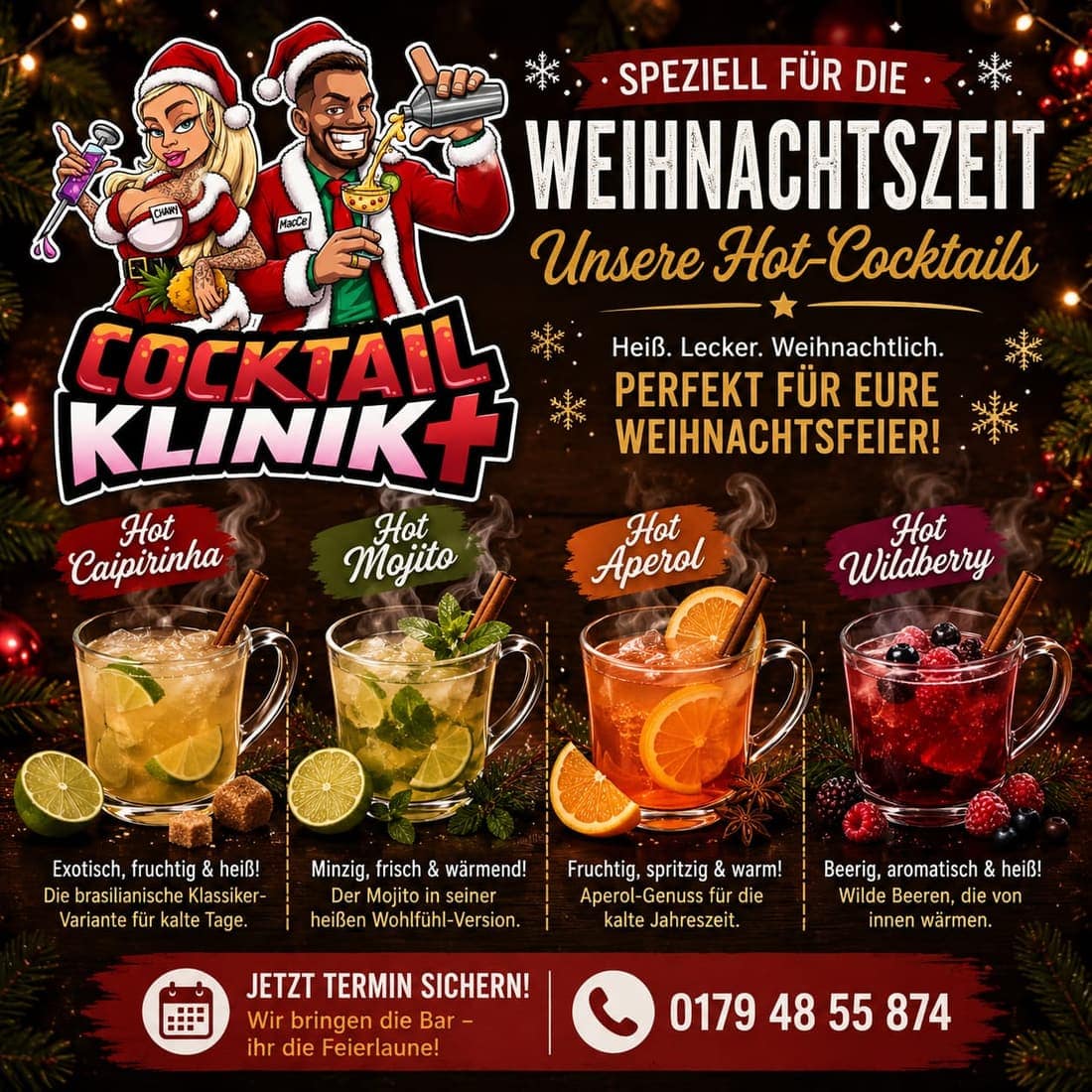 Flyer der Cocktail Klinik mit den vier Hot-Cocktails: Hot Caipirinha, Hot Mojito, Hot Aperol und Hot Wildberry